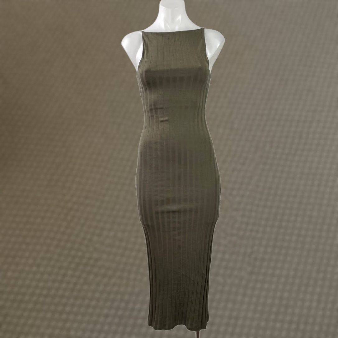 Zara Zara Dress Women Size S Olive Green Ribbed Knit High Neck Sleeveless Mid Bodycon