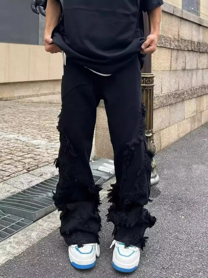 image of Distressed Denim Black Color Pants With Raw Edges Loose Trousers, Men's (Size 29)