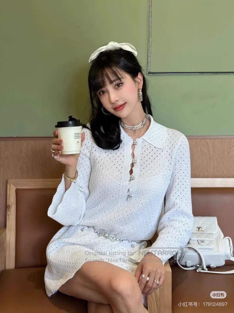 Chanel Chanel 24P white hollow lapel long-sleeved knitted dress Size XS / US 0-2 / IT 36-38 - 9 Thumbnail