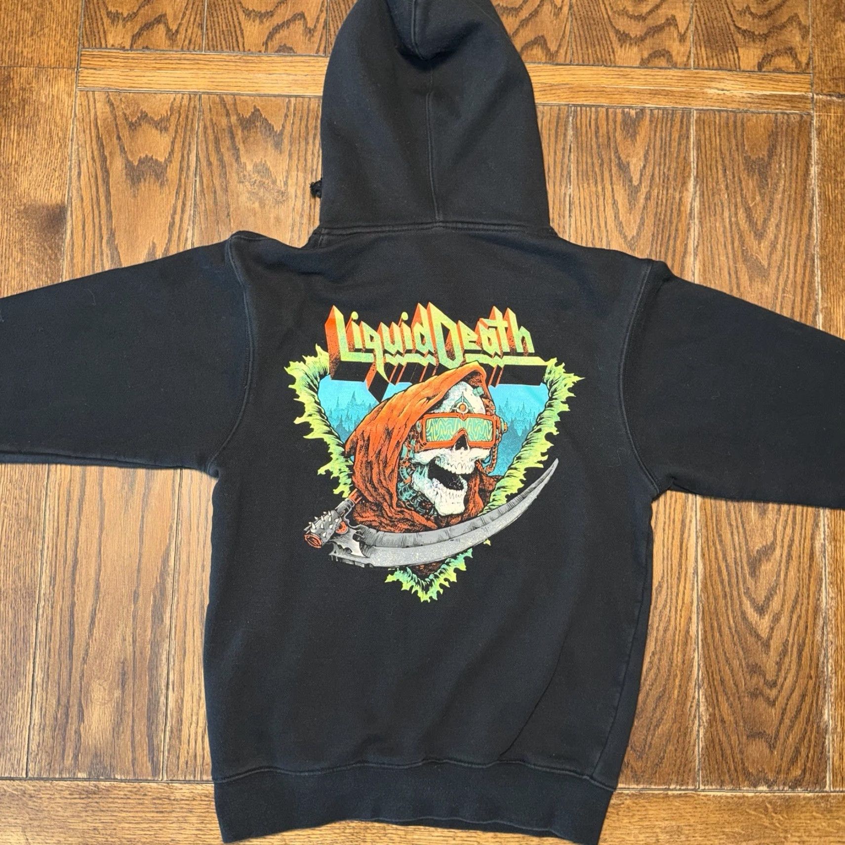 Logo 7 VINTAGE? No — but clothing: Liquid Death Mens Hoodie Sweatshirt Black Medium Graphic Print Logo Grim Reaper Trippy Size US M / EU 48-50 / 2 - 5 Thumbnail