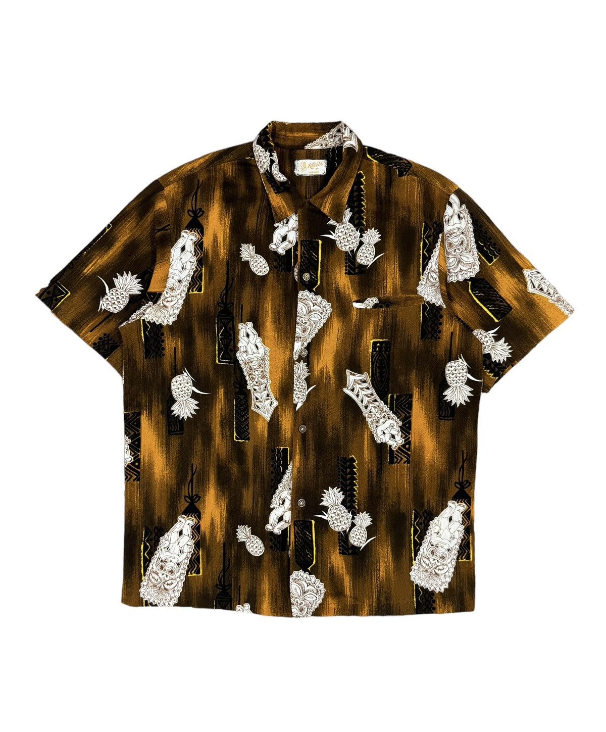 image of Hawaiian Shirt x Made In Hawaii Vtg50’S-60’S Keeli’S Pineapple Chinese Coin Button in Black/Yellow 