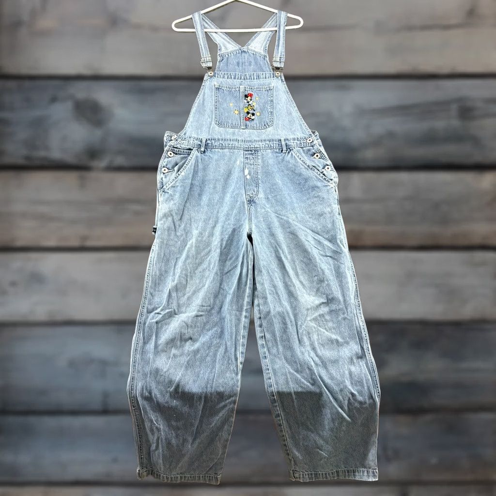 Disney VINTAGE Mickey Mouse Overalls Womens L Blue Denim Bib Light Wash Embroidered 90s Disney Overall Jeans Mens Womens Girls Boys Size 36" / US 14 / IT 50 - 1 Thumbnail