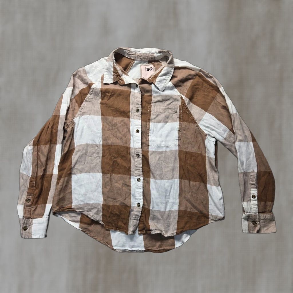 Vintage SO Shirt Plaid Button-Up Cropped Womens M Brown Wide-Check Cotton Modal Textured Shirt - 3/4 Sleeve? Size M / US 6-8 / IT 42-44 - 1 Thumbnail