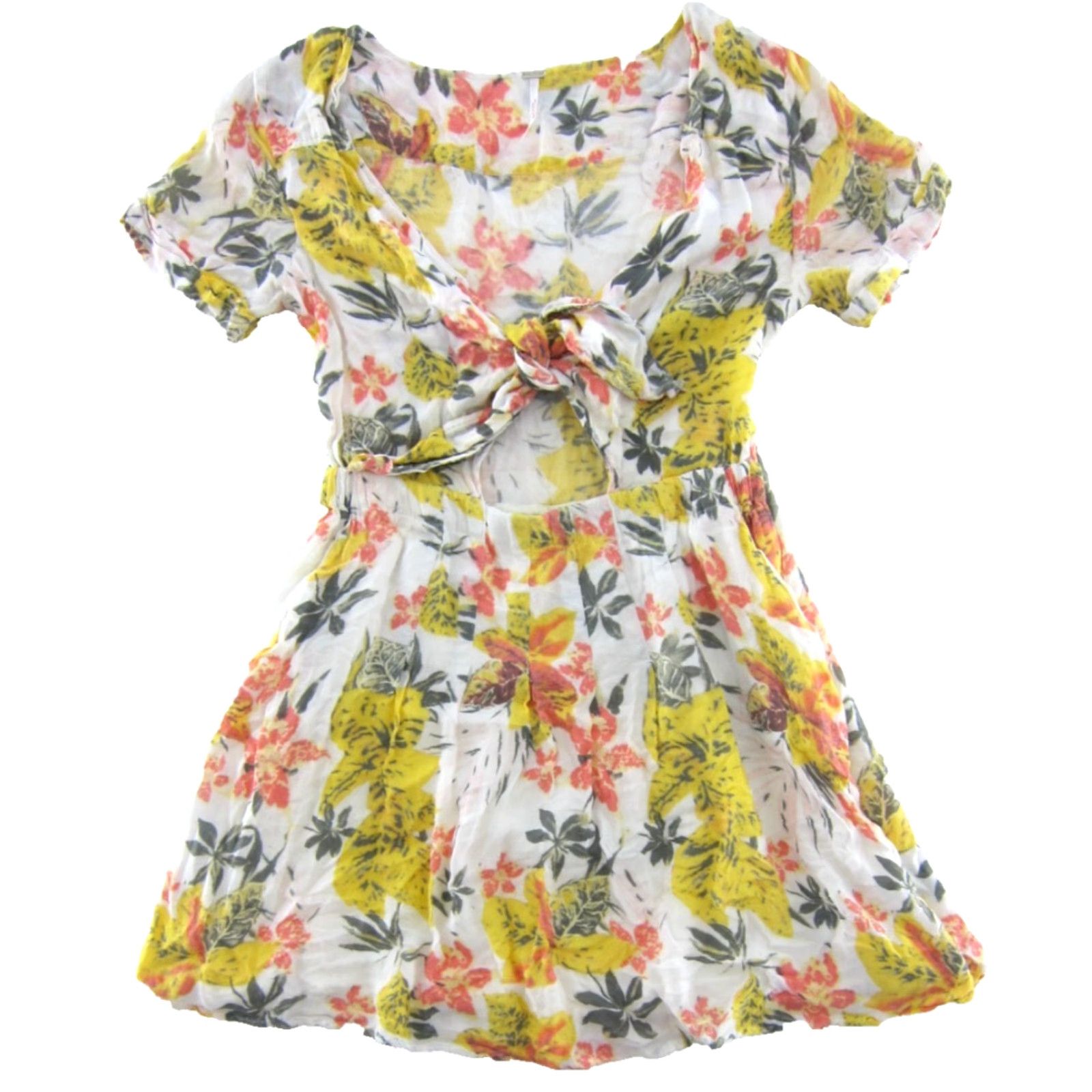Free People Free People Dress Shirt 4 Adult Yellow Floral Pockets Short Sun Smocked V-Neck Size S / US 4 / IT 40 - 2 Thumbnail