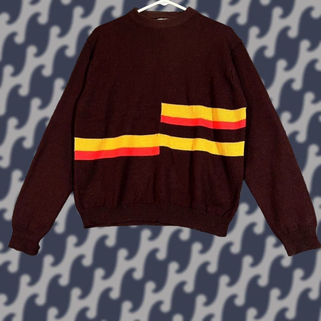 Vintage VINTAGE Andros Geometric Stripe Sweater Mens XL Brown Red Yellow Acrylic 80s Pullover Men XL Brown Geometric Stripe Sweater Size US XL / EU 56 / 4 - 1 Thumbnail