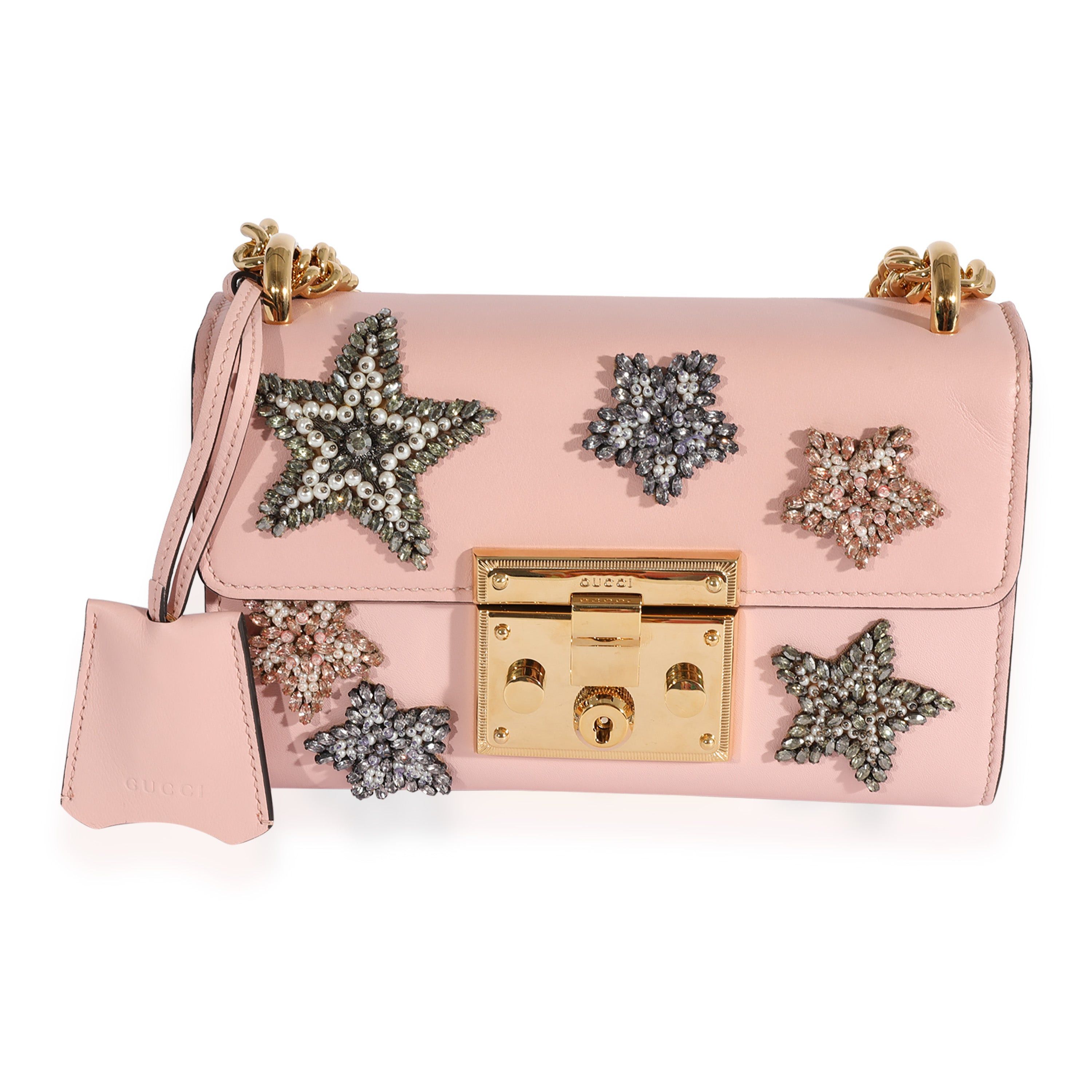 image of Gucci Crystal Star Pink Calfskin Small Padlock Bag, Women's