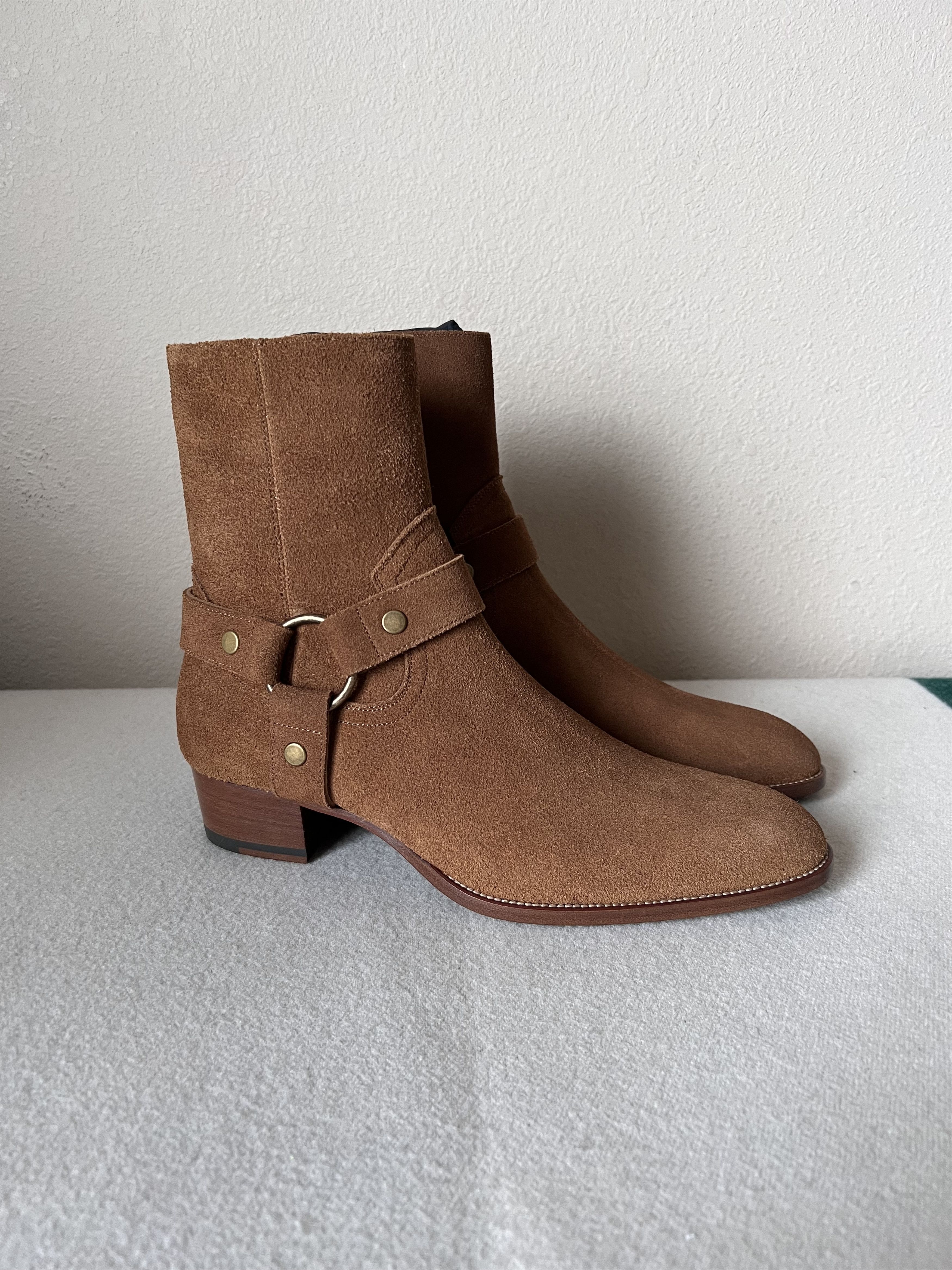 image of Saint Laurent Paris Saint Laurent Wyatt Harness Boots In Brown Suede, Men's (Size 9)