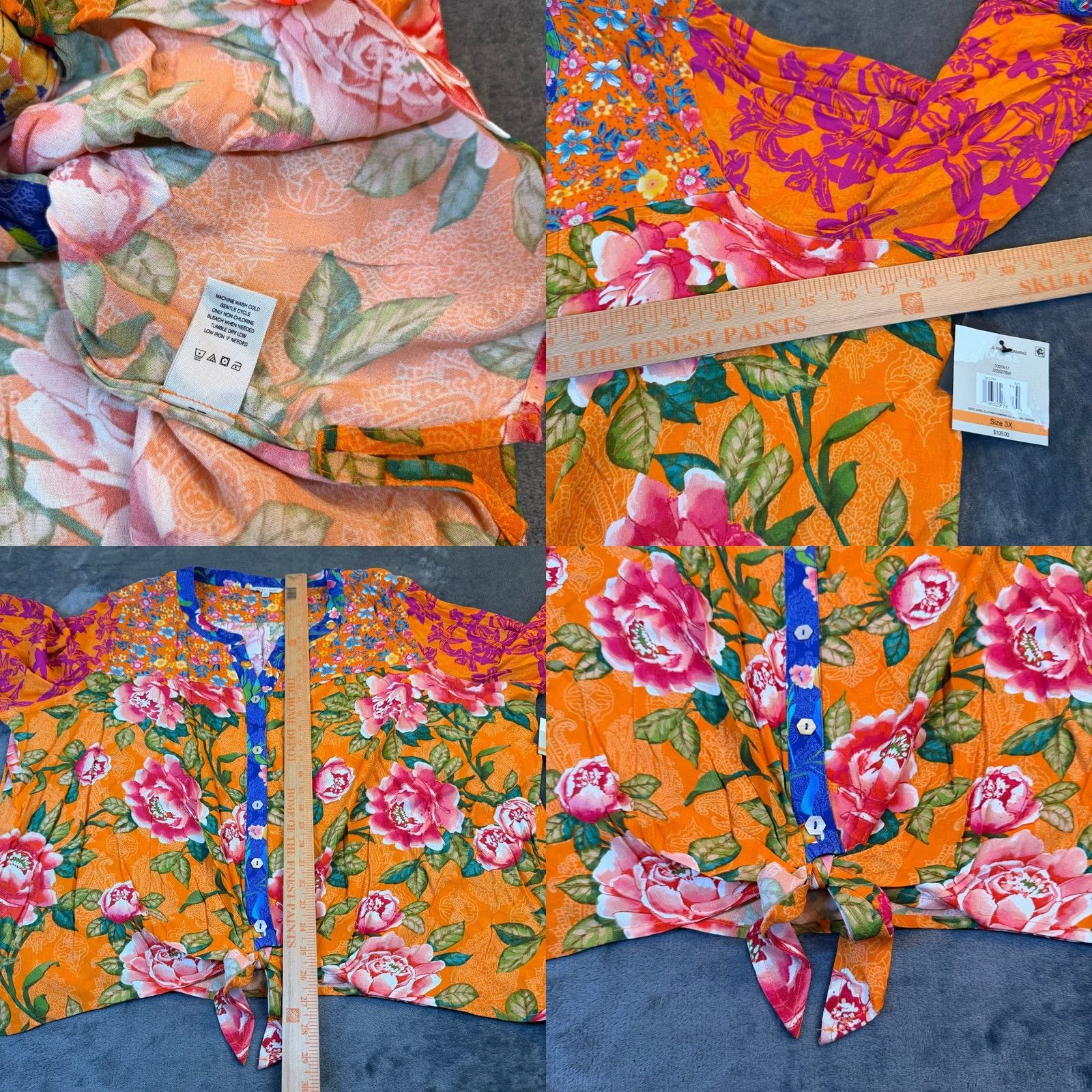 Vintage VINTAGE John Mark Island Dreaming Blouse Womens 3X Large Orange Floral Tie Front NWT Size XXL / US 16-18 / IT 52-54 - 8 Thumbnail