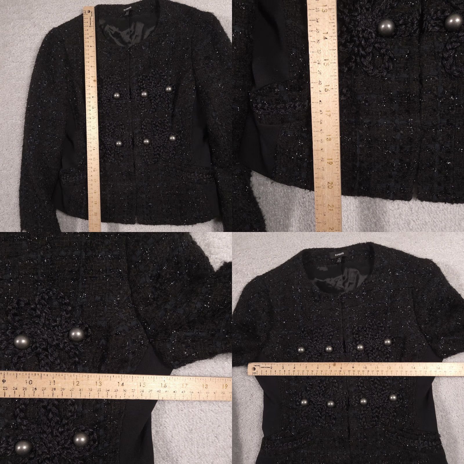 Express VINTAGE Express Blazer Womens Small Black Tweed Pearl Button Embellished Cropped Jacket Size S / US 4 / IT 40 - 8 Thumbnail