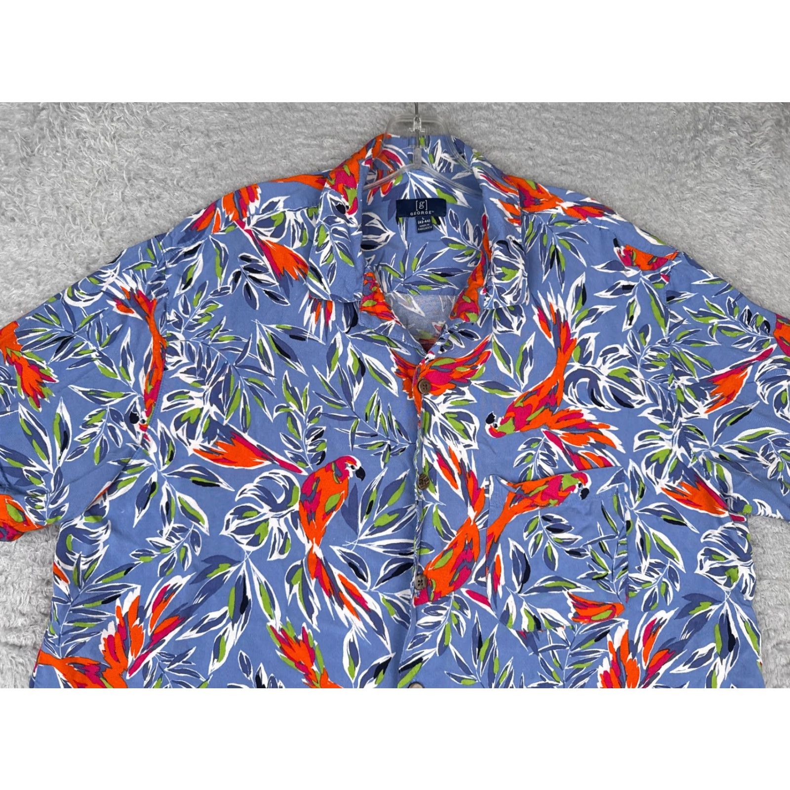 George George Shirt Adult Large Blue Floral Parrot Button Up Hawaiian 100% Rayon Mens Size US L / EU 52-54 / 3 - 4 Thumbnail