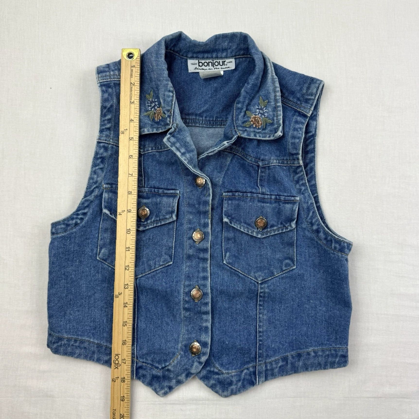 Vintage VINTAGE BonJour Denim Vest Womens Medium Blue Embroidered Collar 90s Y2K Sleeveless Shopwear Size M / US 6-8 / IT 42-44 - 7 Thumbnail