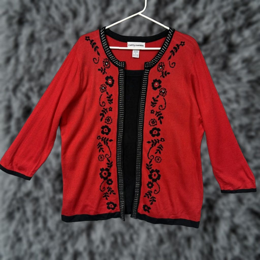 Vintage Cathy Daniels Cardigan Sweater Womens 1X Red Floral Rhinestone Embroidered Open Front 3/4 Sleeve Knit Black Trim Fashion Cardigan Size XL / US 12-14 / IT 48-50 - 1 Thumbnail