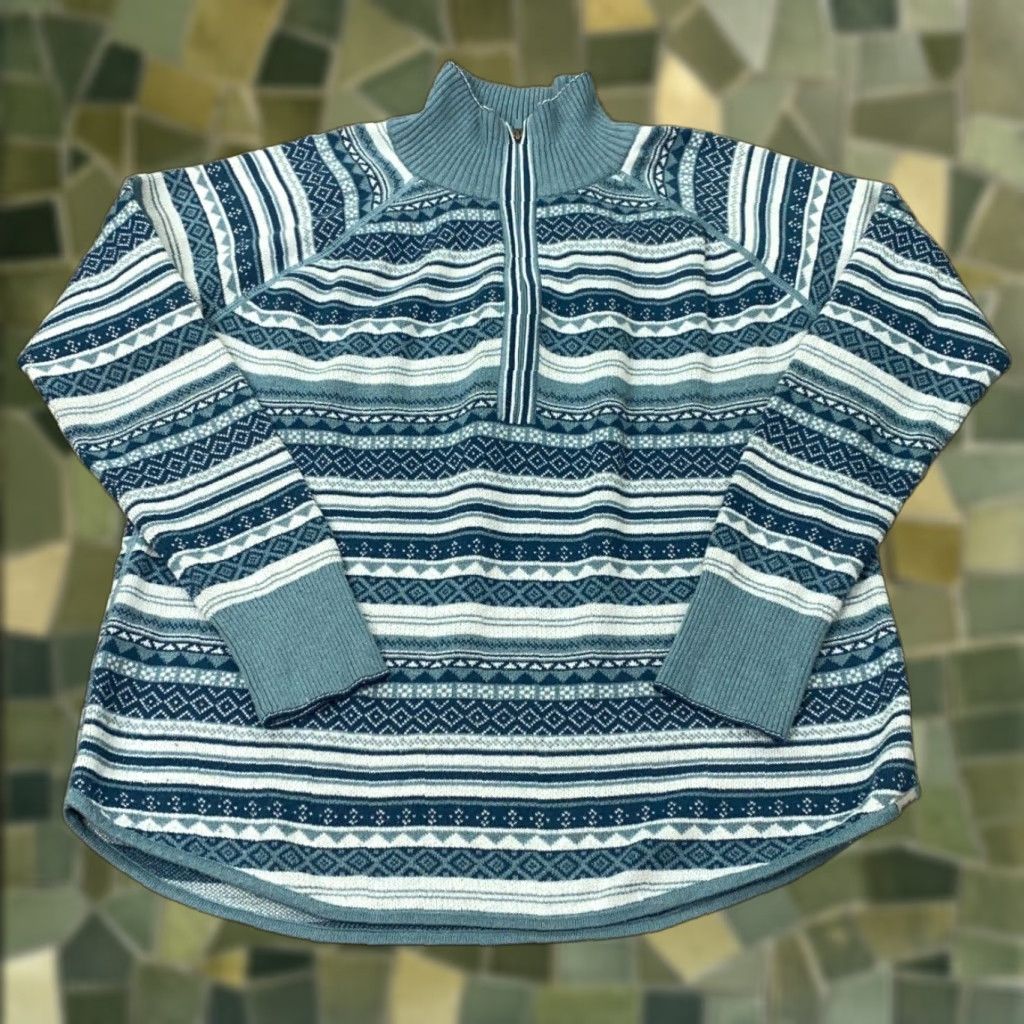 Eddie Bauer Eddie Bauer Sweater Womens Large Blue Fair Isle Striped 1/4 Zip Mock Neck Pullover Casual Size L / US 10 / IT 46 - 1 Thumbnail