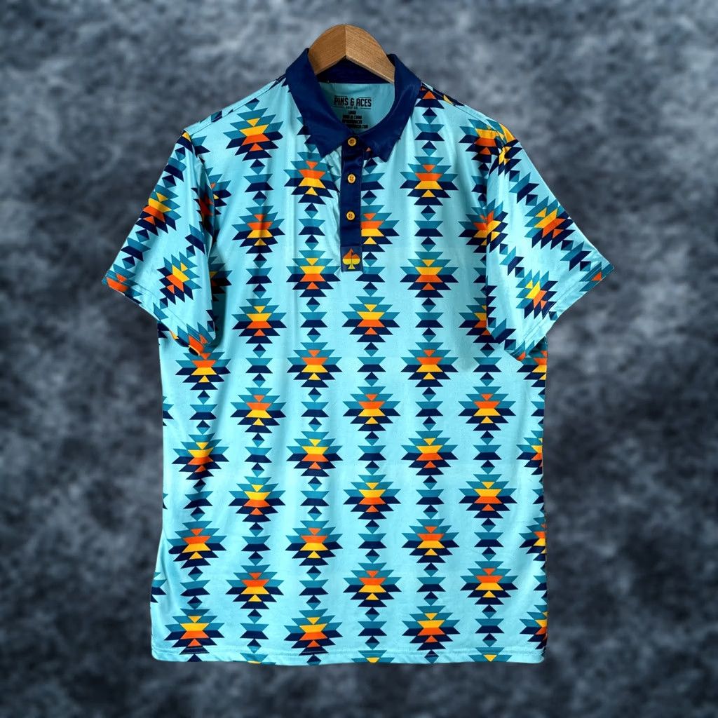 Vintage Pins & Aces Polo Shirt Mens L Blue Aztec Southwestern Print Golf Performance Shirt Size US L / EU 52-54 / 3 - 1 Thumbnail