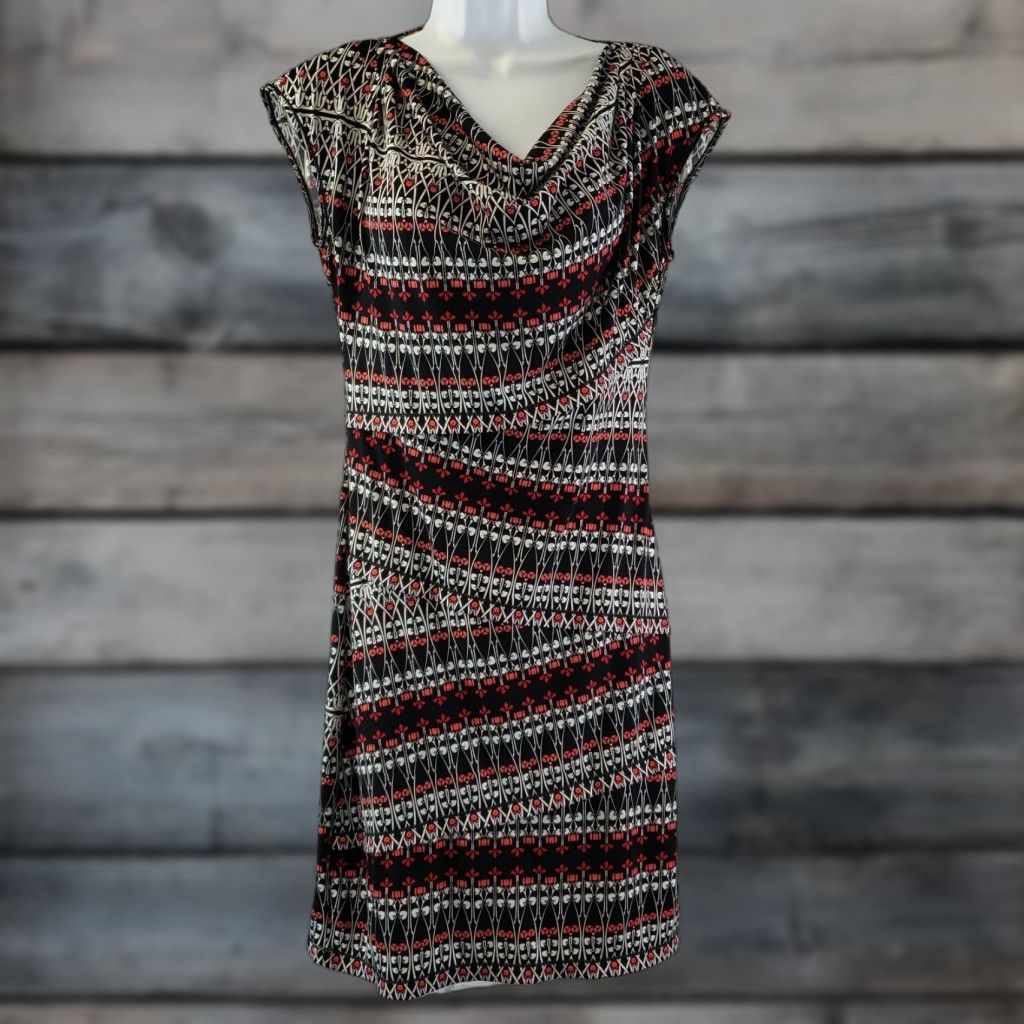 Vintage Max Studio Womens Dress Sz Small Black Pink Striped Draped Neck Dress Shift 95% polyester 5% spandex Knee Length Pullover Womens Size S / US 4 / IT 40 - 1 Thumbnail