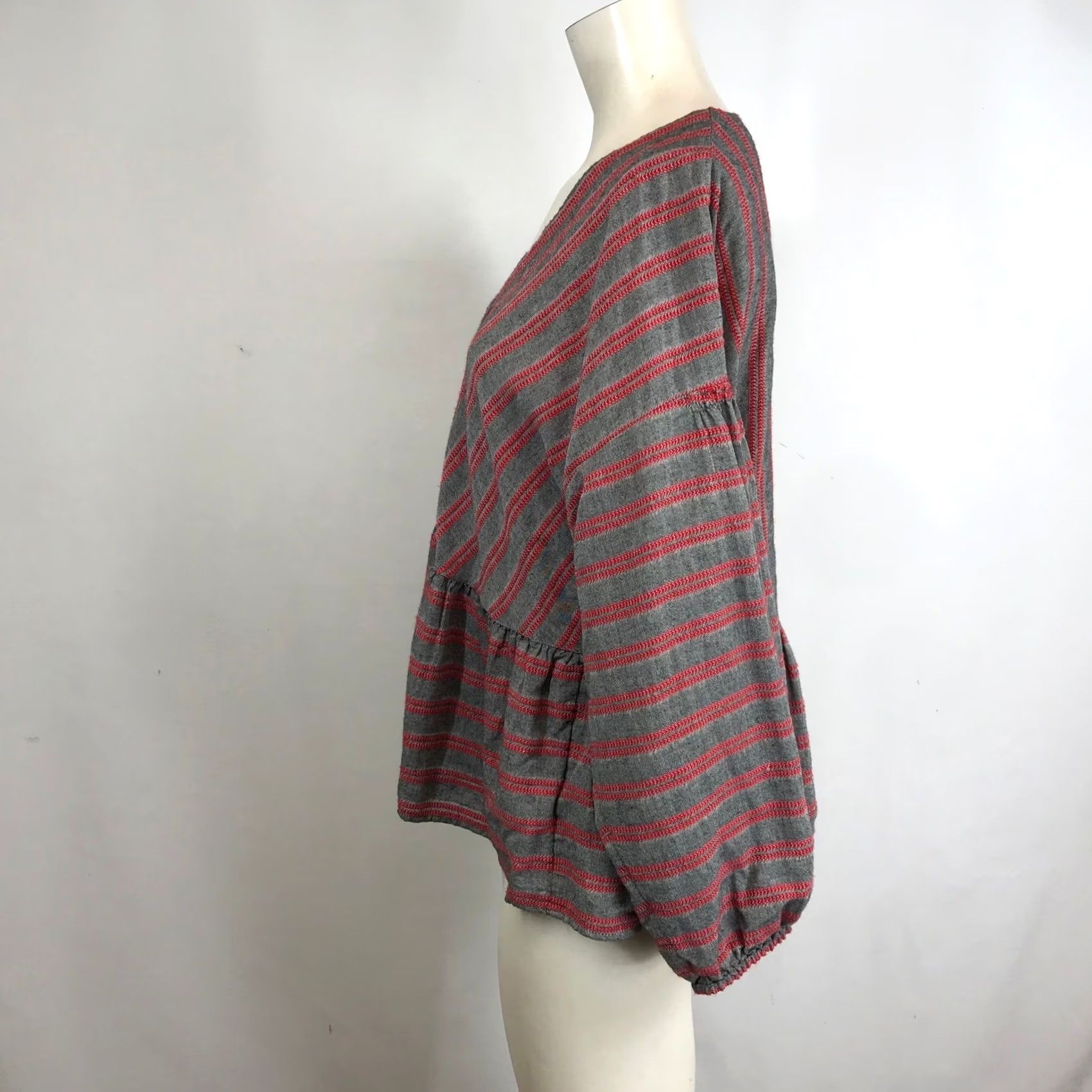Madewell Madewell Striped V Neck Peplum Top Red Grey XL Cotton Blend Boho Casual Blouse Size XL / US 12-14 / IT 48-50 - 6 Thumbnail