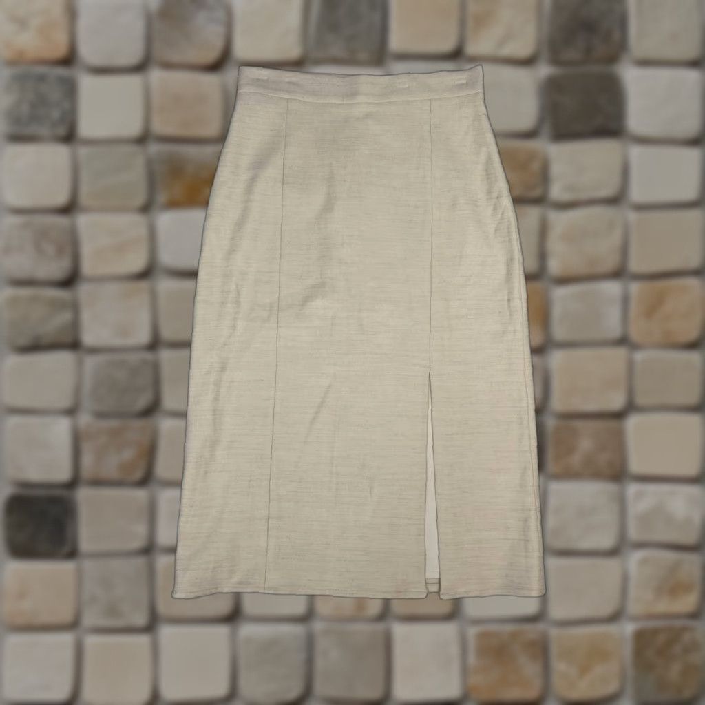Vintage Sezane Pencil Skirt Womens 36 Beige Linen Stretch Front Slit Back Zip Formal Size 25" / US 0 / IT 36 - 1 Thumbnail