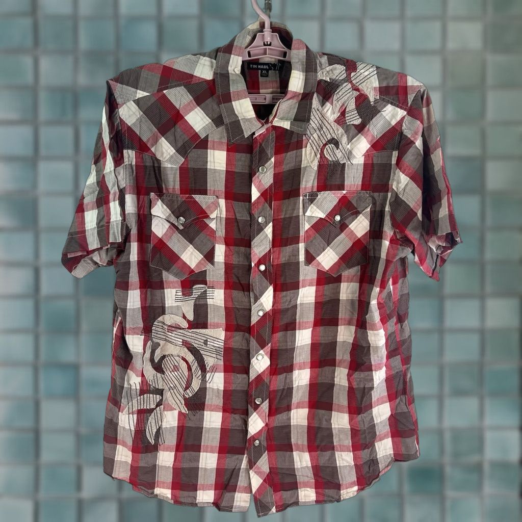 Vintage Tin Haul Shirt Embroidered Pearl Snap Plaid Shirt Mens XL Red Short Sleeve Classic Western Cowboy Cotton Button-Up Mens XL Red Pearl Snap Plaid Shirt Size US XL / EU 56 / 4 - 1 Thumbnail