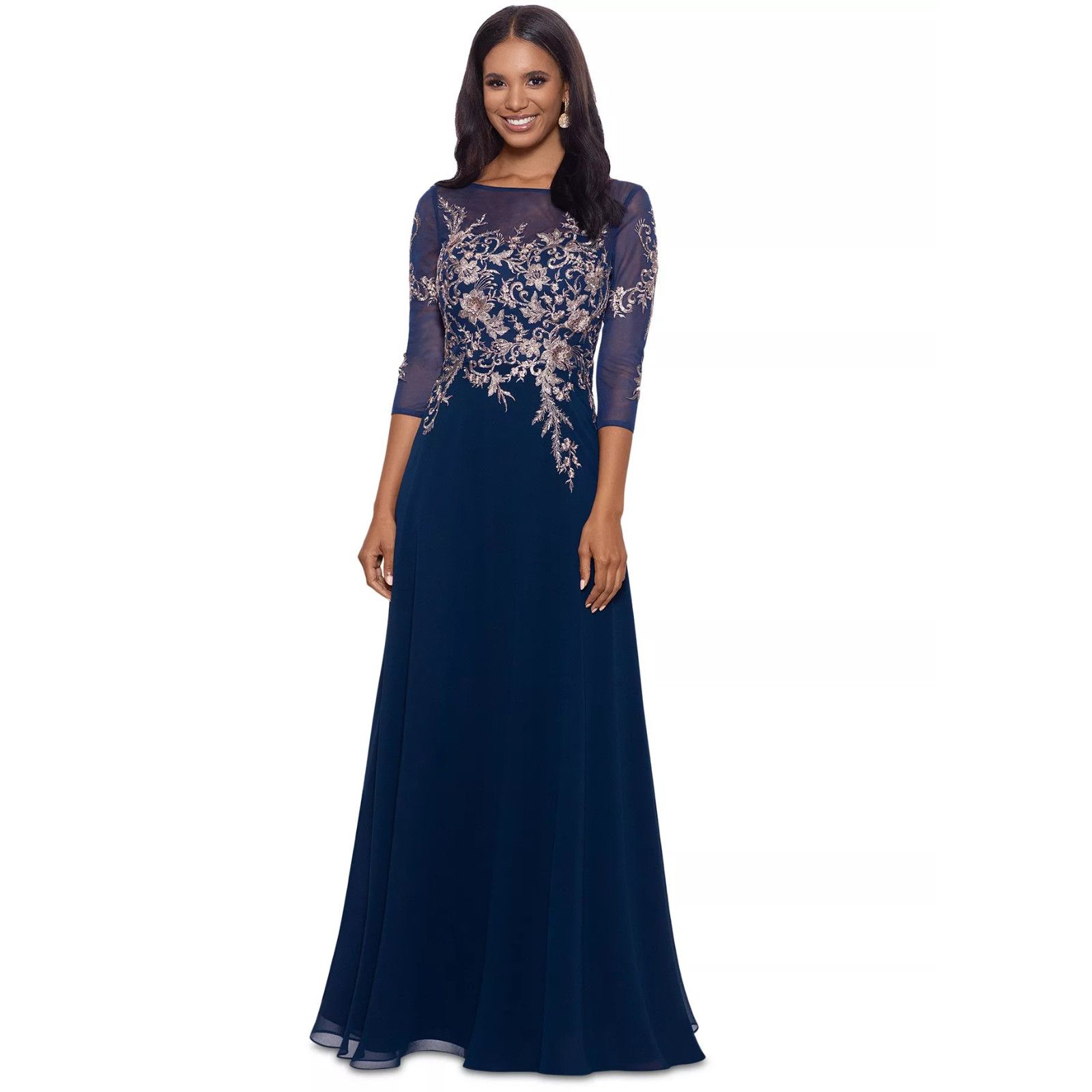 Other Betsy & Adam Navy Blue Rose Gold Embellished Bodice Chiffon Size S / US 4 / IT 40 - 1 Thumbnail