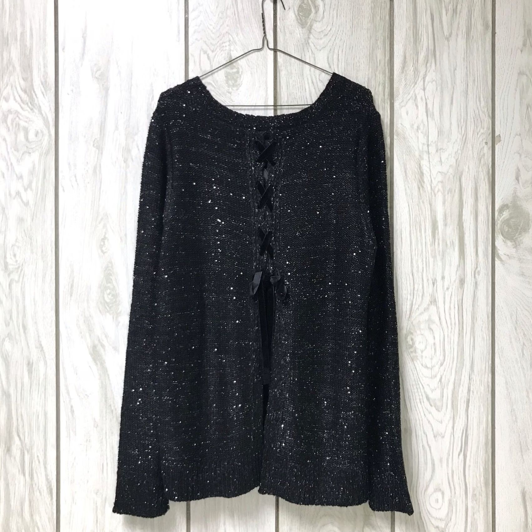 Vintage VINTAGE? No — Time And Tru Women Black Sequin Woven Knit Mixed Media Semi-Fitted Sweater XL Size XL / US 12-14 / IT 48-50 - 2 Thumbnail
