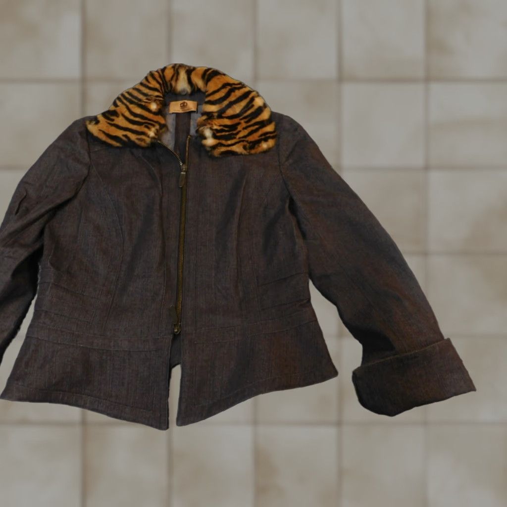 Vintage Dana Buchman Womens Jacket Cotton Denim Zip Brown Animal Print Peanut 4 Mid-Length Long Sleeve Casual Stretch Modern Basic Jacket Fall Spring Womens Size S / US 4 / IT 40 - 1 Thumbnail