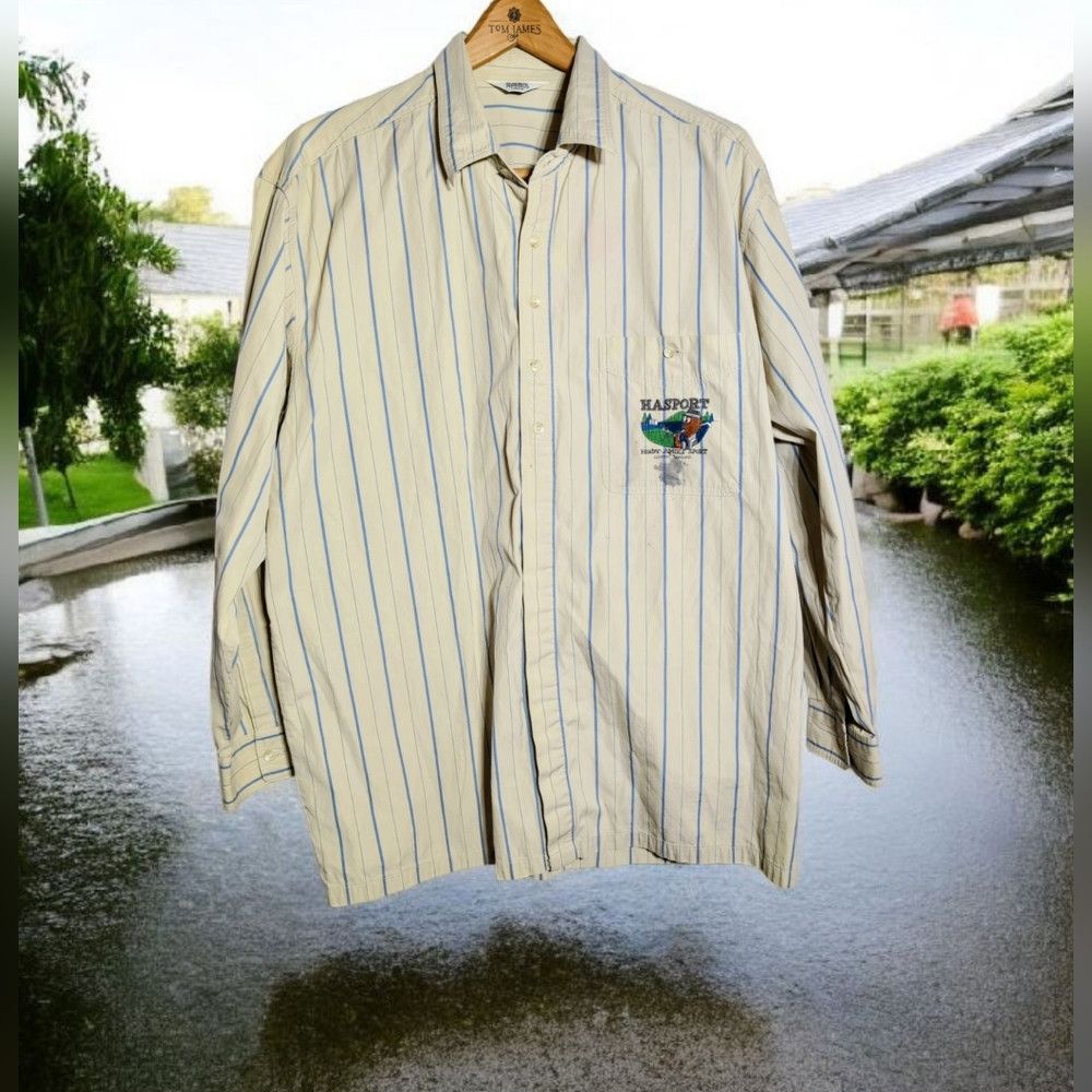 Hardy Amies Hardy Amies Sz L Beige and Navy Striped Casual Shirt Size US L / EU 52-54 / 3 - 1 Thumbnail