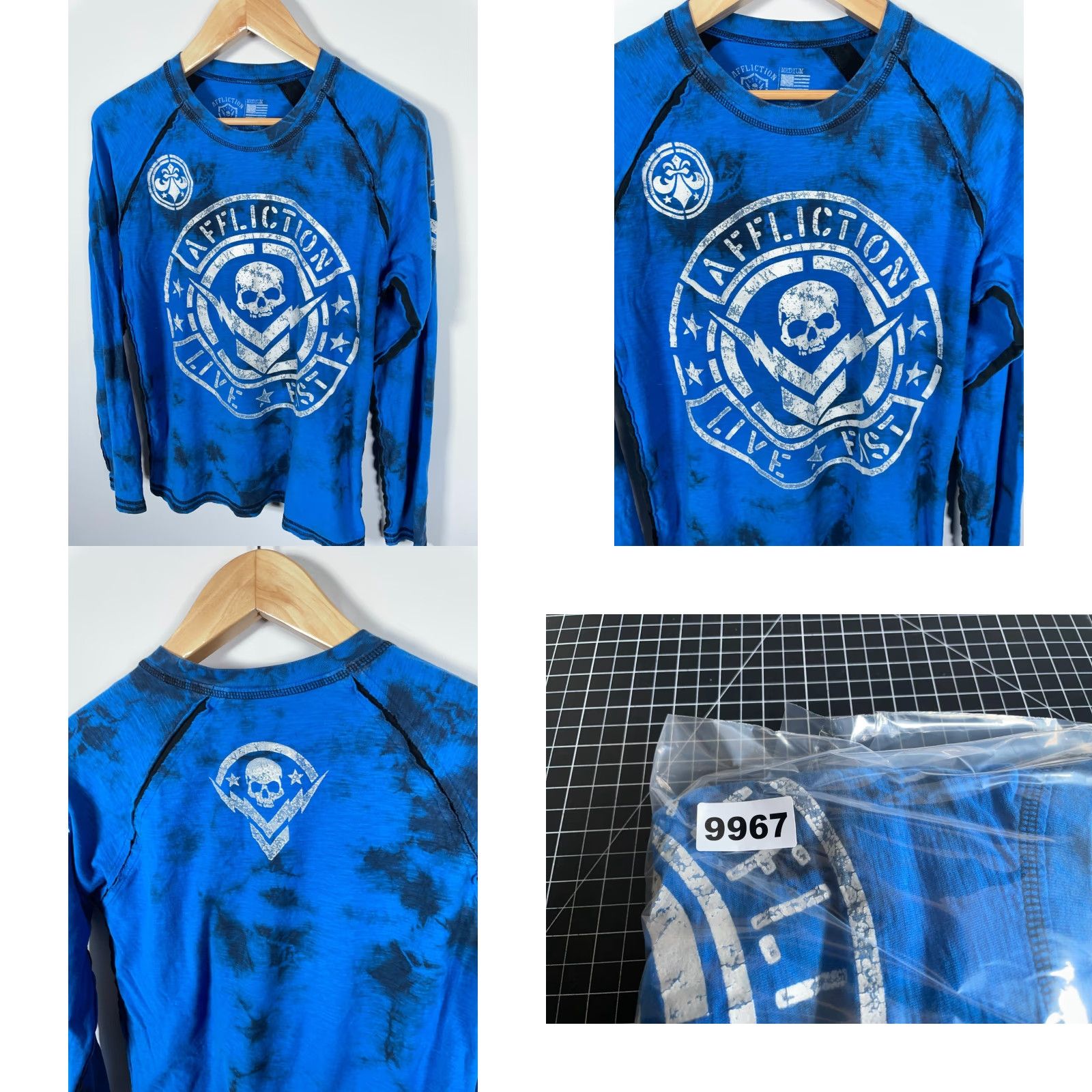 Affliction VINTAGE Affliction T-Shirt Mens Medium Blue Long Sleeve Graphic Print Skull Rock Tribal Double-Sided Raw Edges Y2K USA Made Size US M / EU 48-50 / 2 - 8 Thumbnail