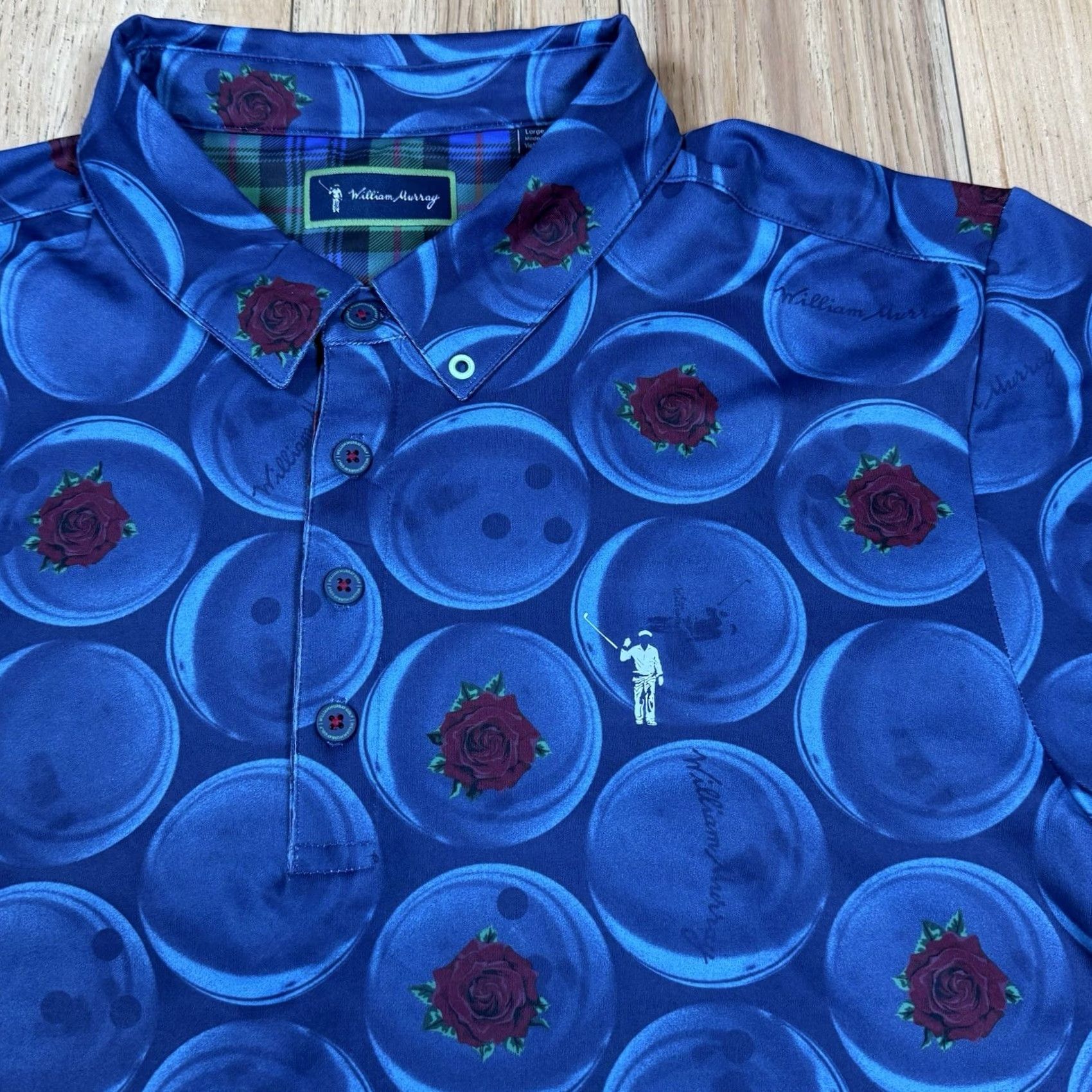 Vintage William Murray Polo Mens Large Blue Floral Bowling Ball Performance Golf Shirt Size US L / EU 52-54 / 3 - 5 Thumbnail