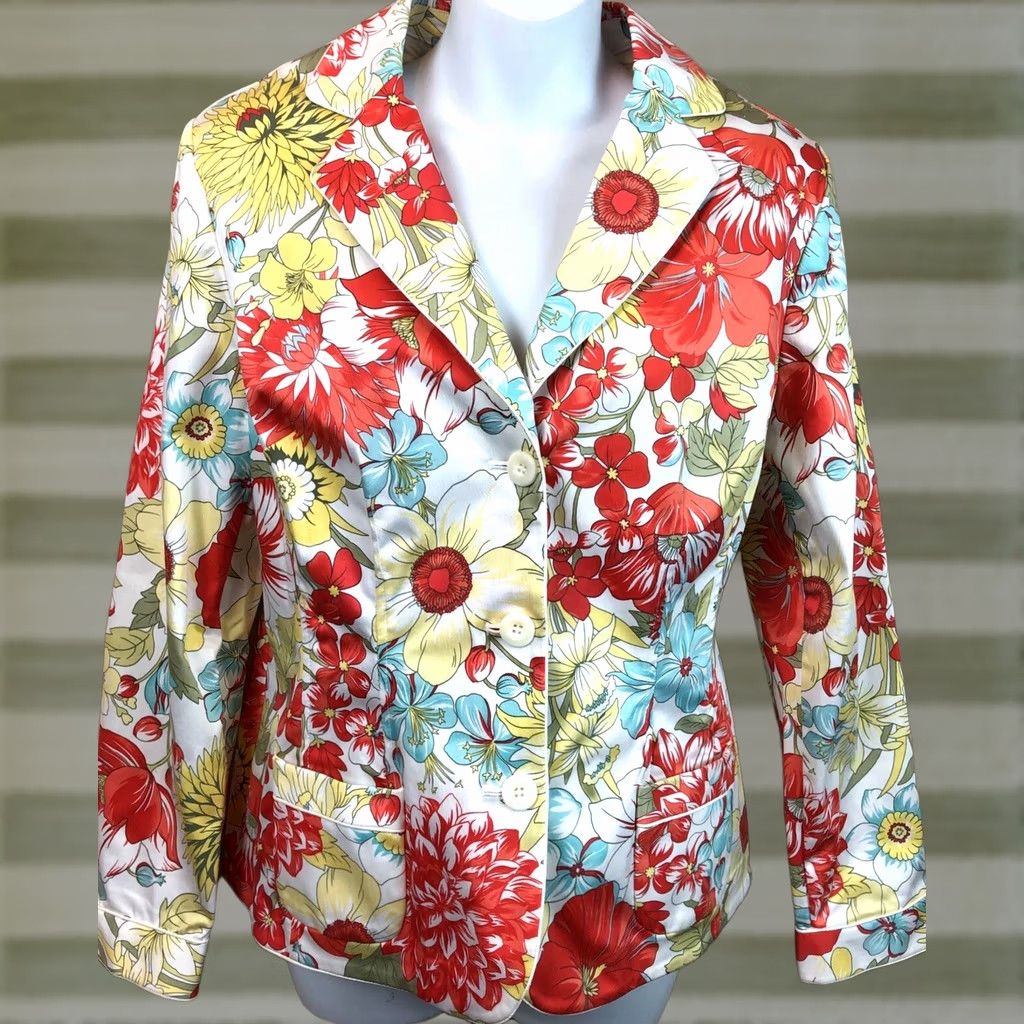 Vintage Valerie Stevens blazer jacket PL red floral 3 button notch collar pockets Career Blazer Women PL Red Floral Jacket Size L / US 10 / IT 46 - 1 Thumbnail
