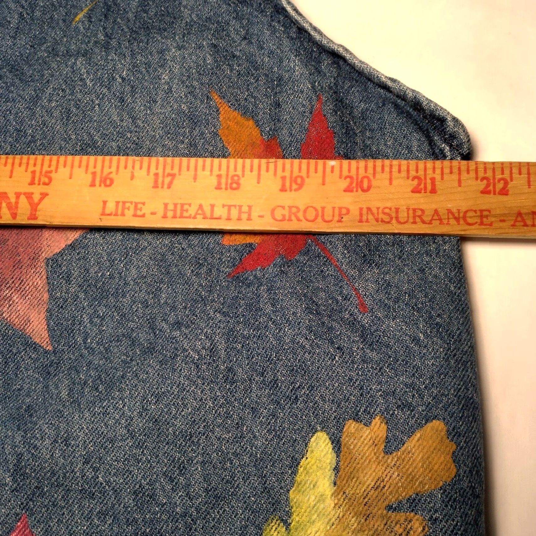 Denime VINTAGE Upcycled Jean Vest Women One Size Blue Denim Painted Leaves Fall Autumn Leaf Size 42" / US 20 - 6 Thumbnail