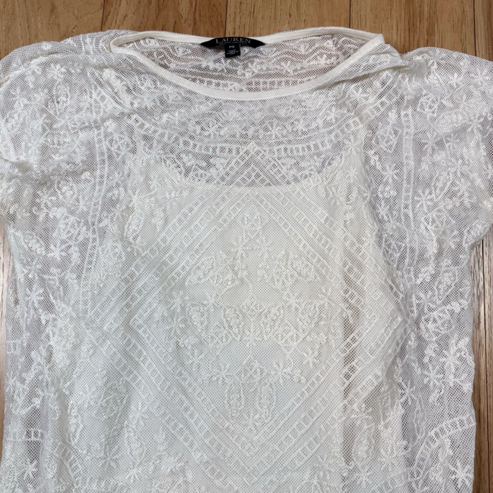 Ralph Lauren Lauren Ralph Lauren Blouse Women L Knit Crochet Lace Overlay Scoop Neck White (Summer) Size L / US 10 / IT 46 - 3 Thumbnail