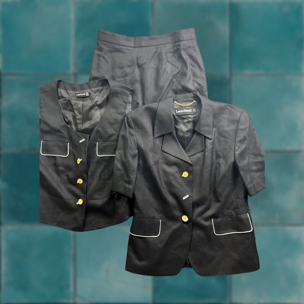 Louis Feraud VINTAGE Louis Féraud Skirt Suit Womens 12 Black 3 Piece Set Vest Jacket Skirt Workwear Germany Size 34" / US 12 / IT 48 - 1 Thumbnail