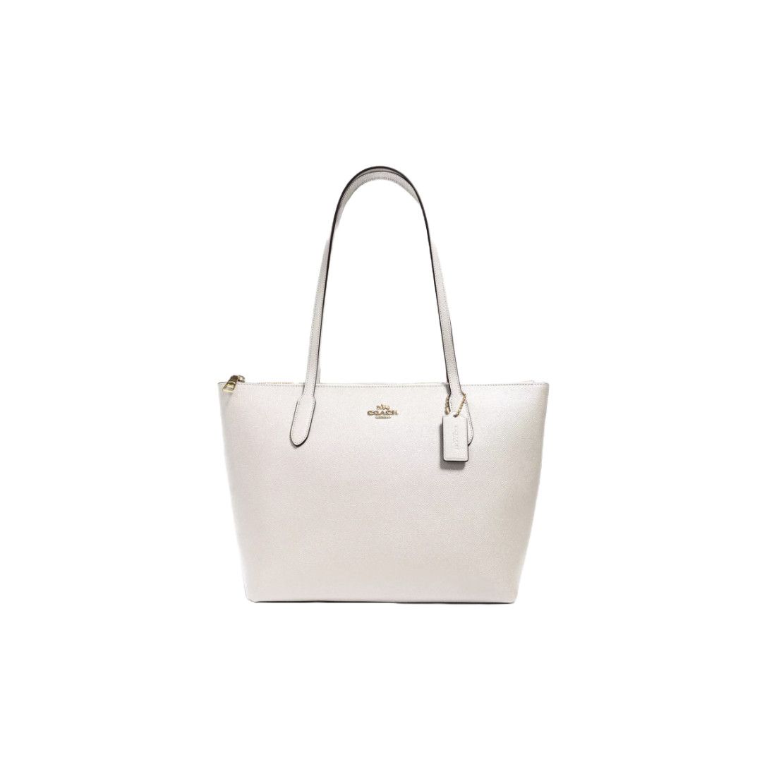 image of Coach Leather Zip Top Tote Chalk in White, Women's