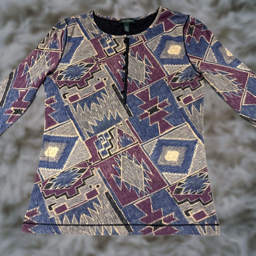 Ralph Lauren Lauren Ralph Lauren Henley Top Womens L Brown Red Blue Cotton Aztec Geometric Long Sleeve Pullover Jersey T-Shirt Casual Sl Size L / US 10 / IT 46 - 1 Thumbnail