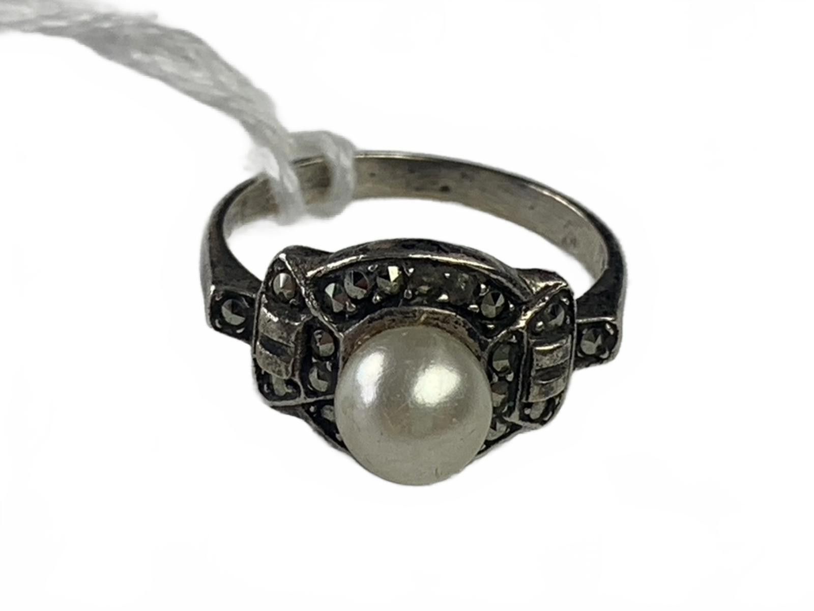 Other 925 Sterling Silver Marcasite & Faux Pearl Ring Size ONE SIZE - 1 Thumbnail