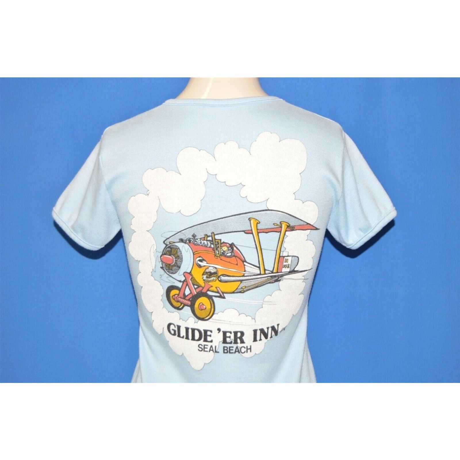 Image of Vintage 80's Glide 'er Inn Seal Beach California Biplane T-Shirt Women's Small S in White