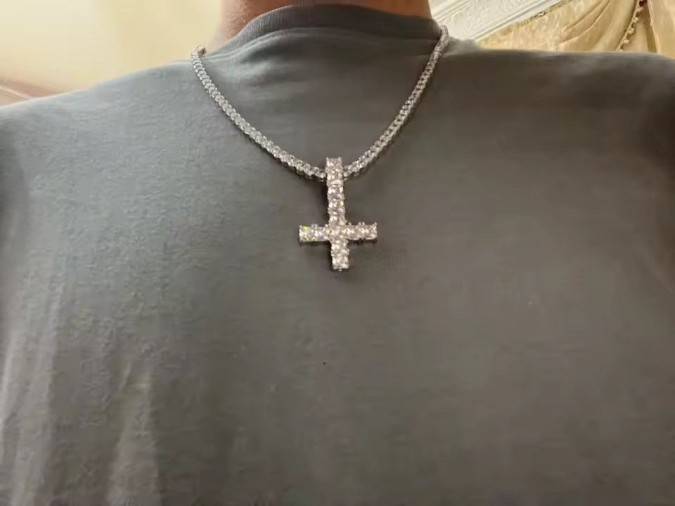 Japanese Brand 60 cm Iced Out Gold Tennis Chain Necklace Inverted Cross CZ Size ONE SIZE - 6 Thumbnail