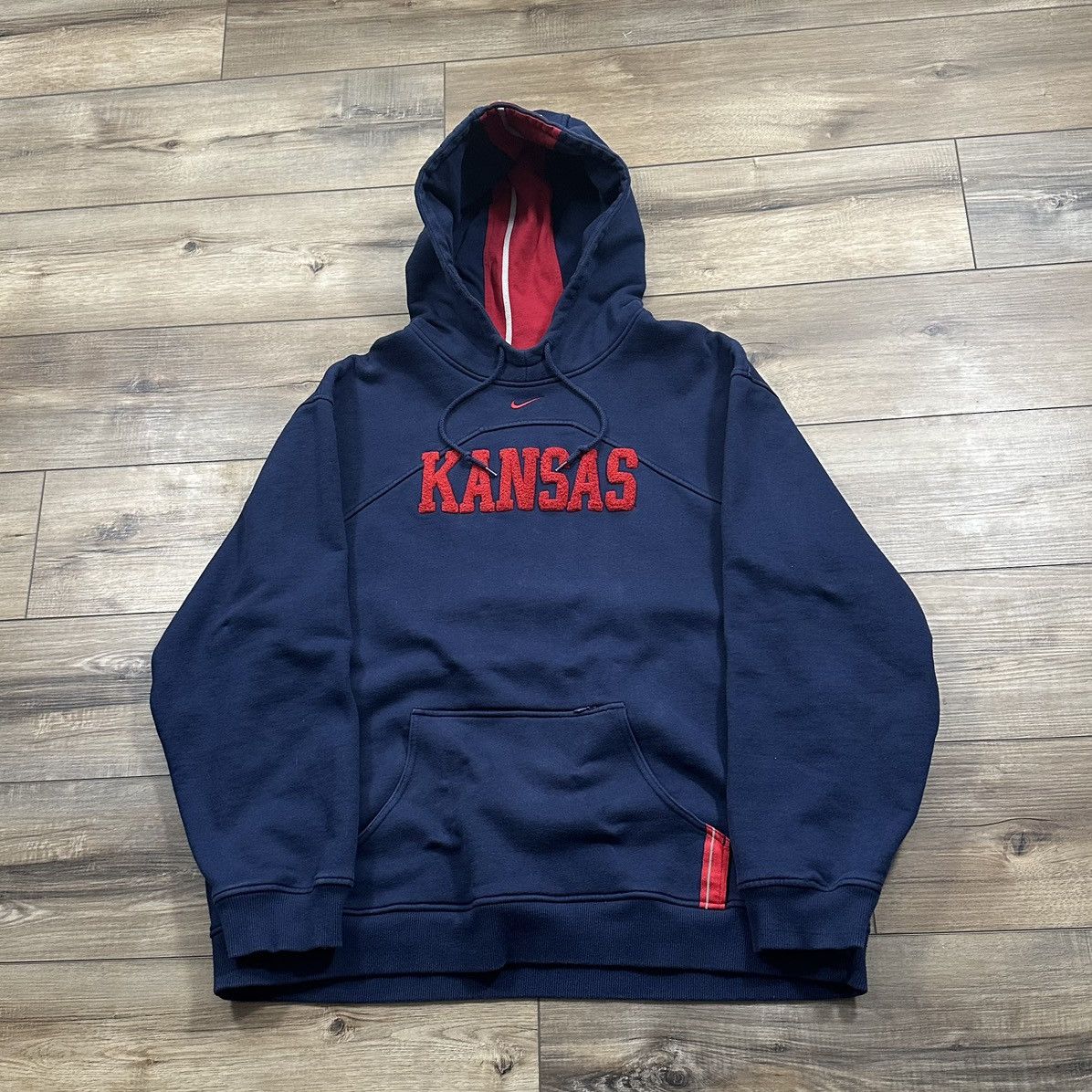 Vintage 90s Nike Team Kansas Spell Out Center Swoosh Hoodie