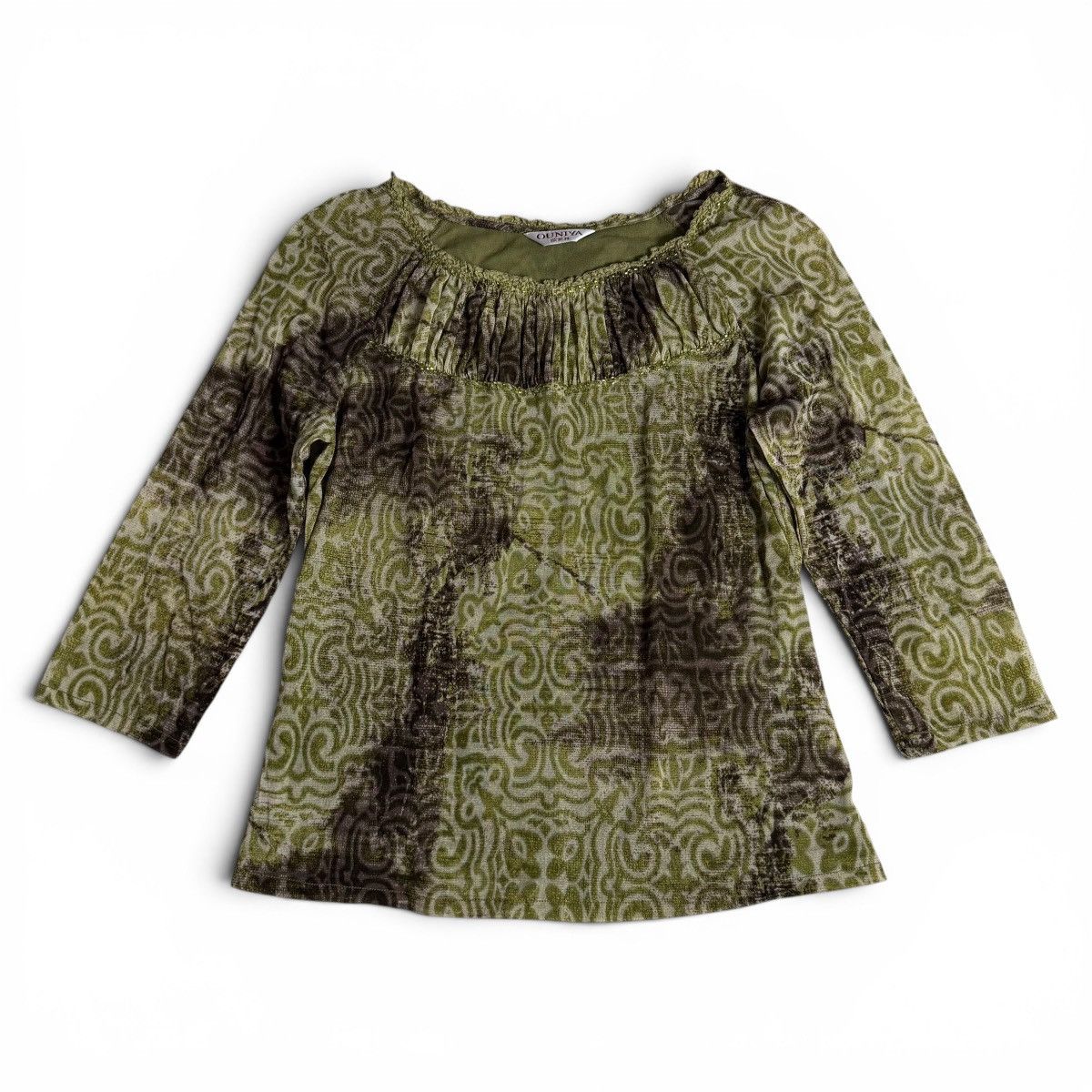 Other Earthy Green & Brown Pattern Beaded Ruffle Neck Mesh Blouse Size M / US 6-8 / IT 42-44 - 1 Thumbnail