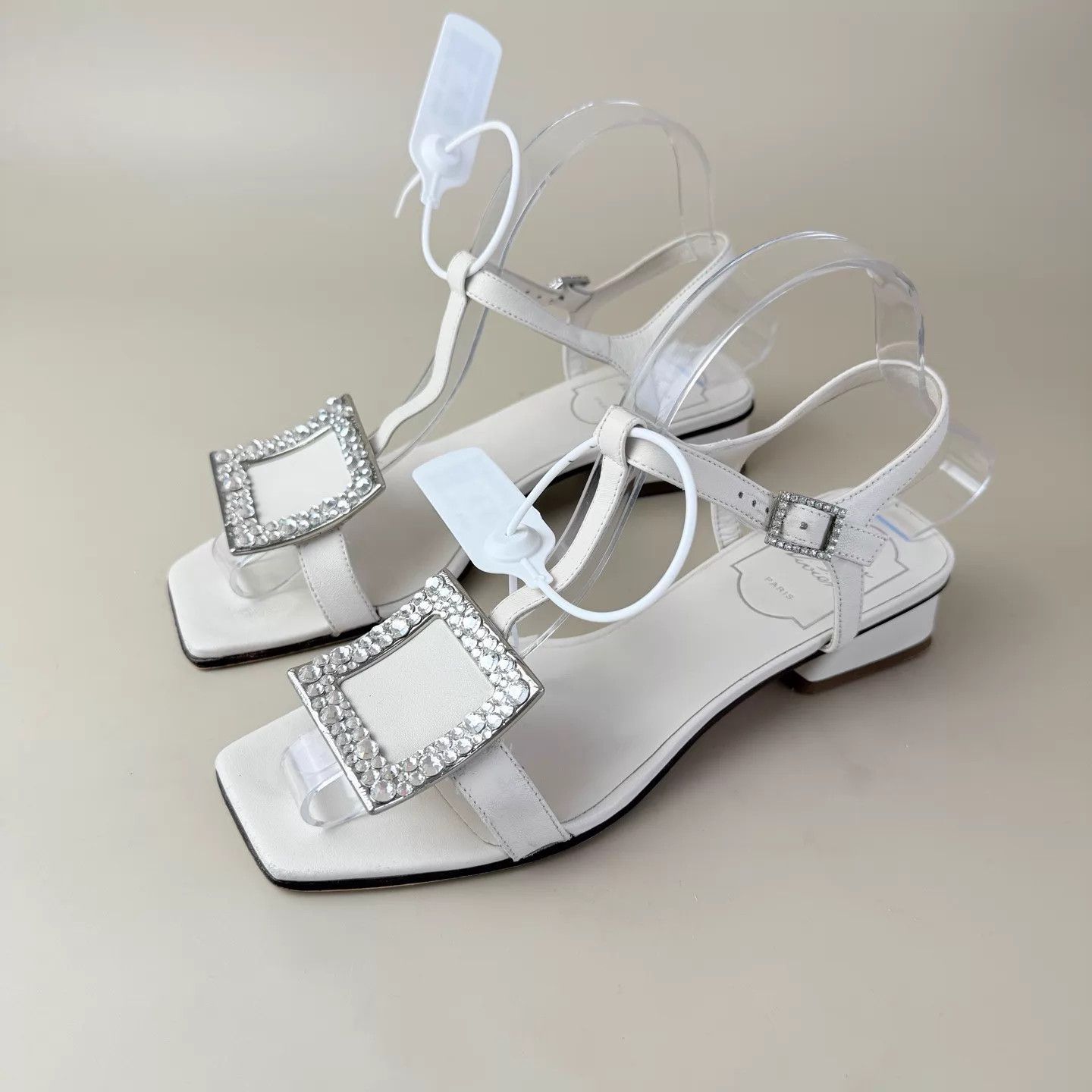 Roger Vivier RV Women's Ivory Rhinestone Square Buckle Sandals 37 Size US 6.5 / IT 36.5 - 1 Thumbnail