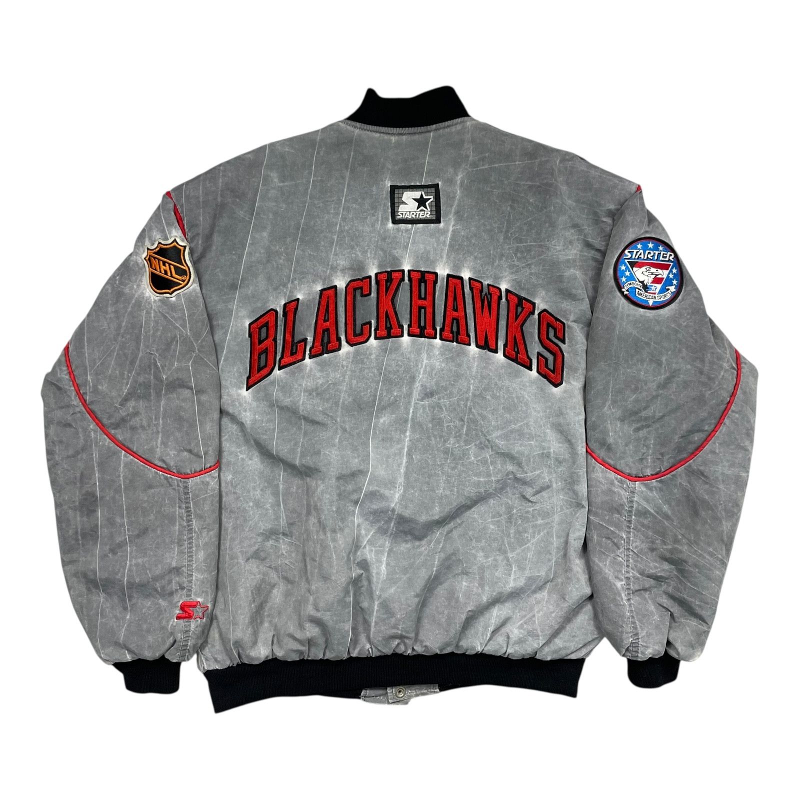 NHL × Starter × Vintage 90s CHICAGO BLACKHAWKS SATIN BOMBER JACKET STONEWASH ACID Size US L / EU 52-54 / 3 - 1 Thumbnail