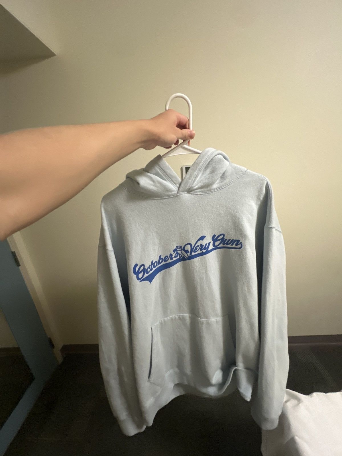 image of Drake x Octobers Very Own Ovo Script Hoodie Light Blue, Men's (Size 2XL)