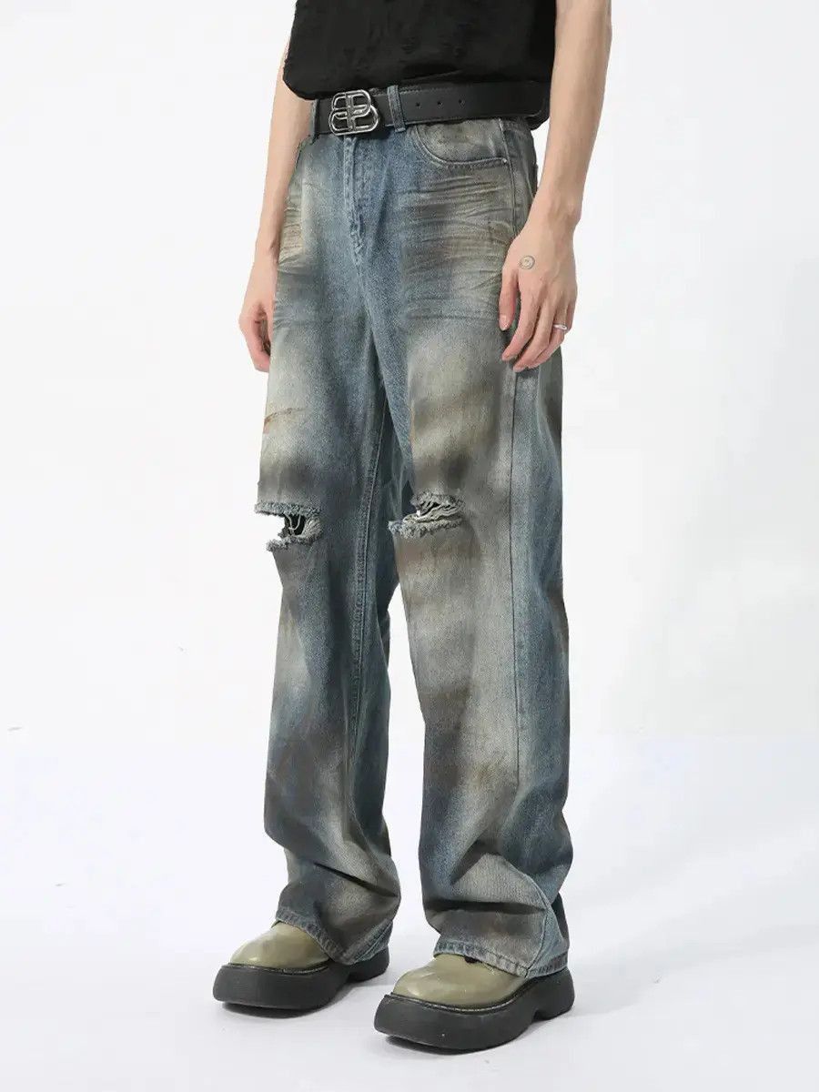 Japanese Brand Retro loose straight leg ripped jeans Size US 32 / EU 48 - 4 Thumbnail