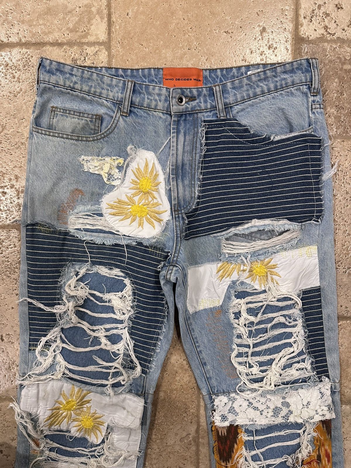 Who Decides War Who Decides War Yellow Sun Floral Patches Blue Denim Jeans Size US 34 / EU 50 - 4 Thumbnail