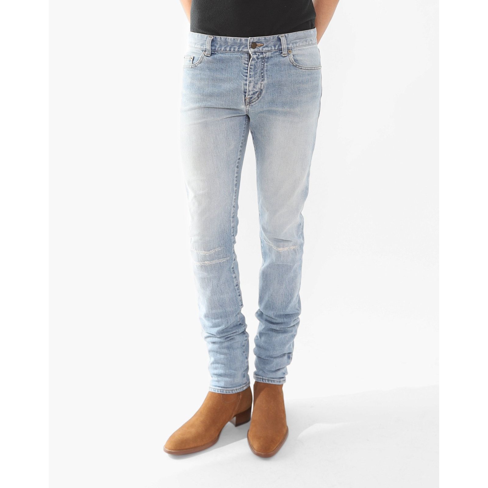 Saint Laurent Paris FW16 Patched Knee Skinny Jeans in Light Washed Denim Size US 31 - 6 Thumbnail