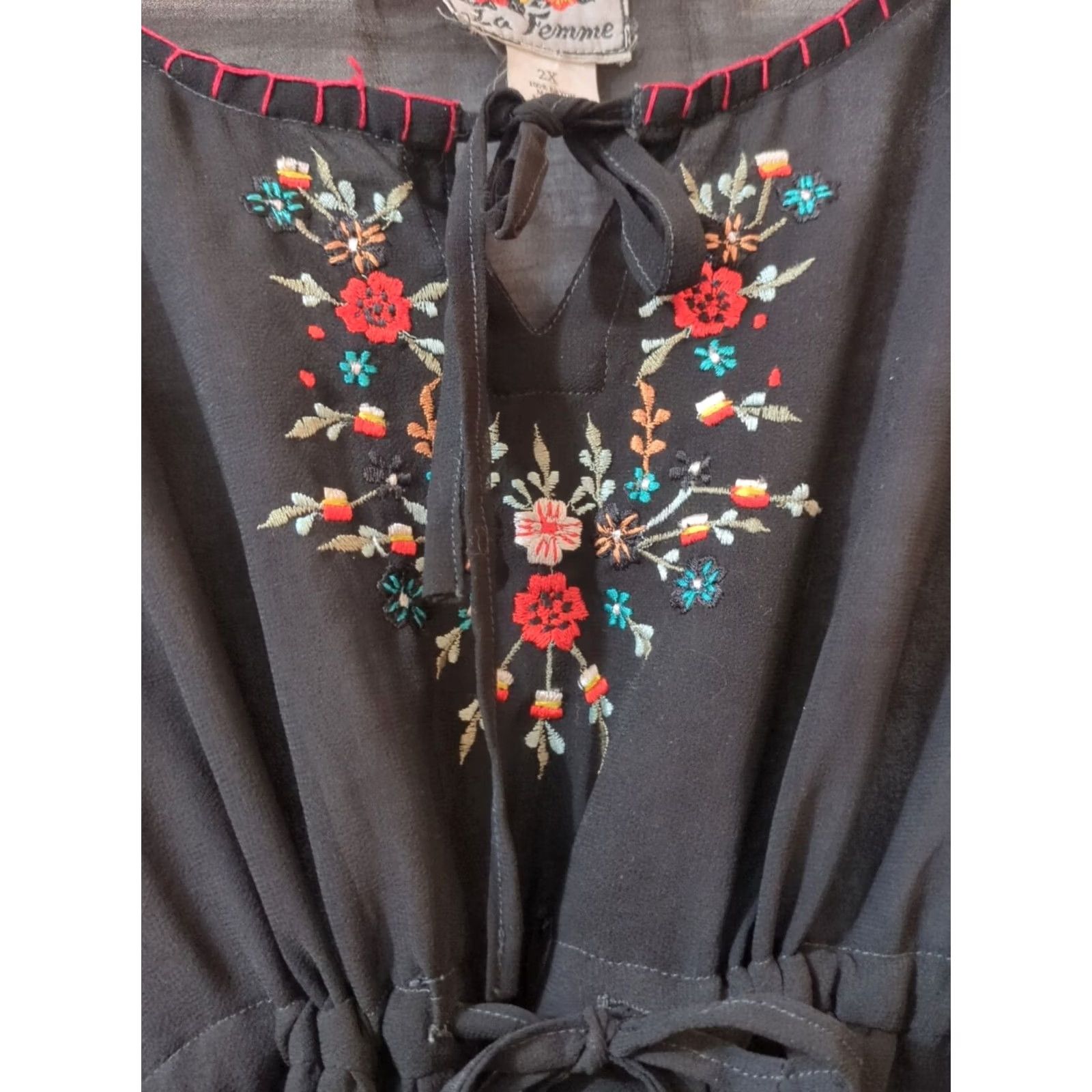 Vintage La Femme Blouse Shirt Womens 2XL Black Short Sleeve Round Neck Lace Chiffon Boho Classic Formal/Casual Shirt Size XXL / US 16-18 / IT 52-54 - 2 Thumbnail