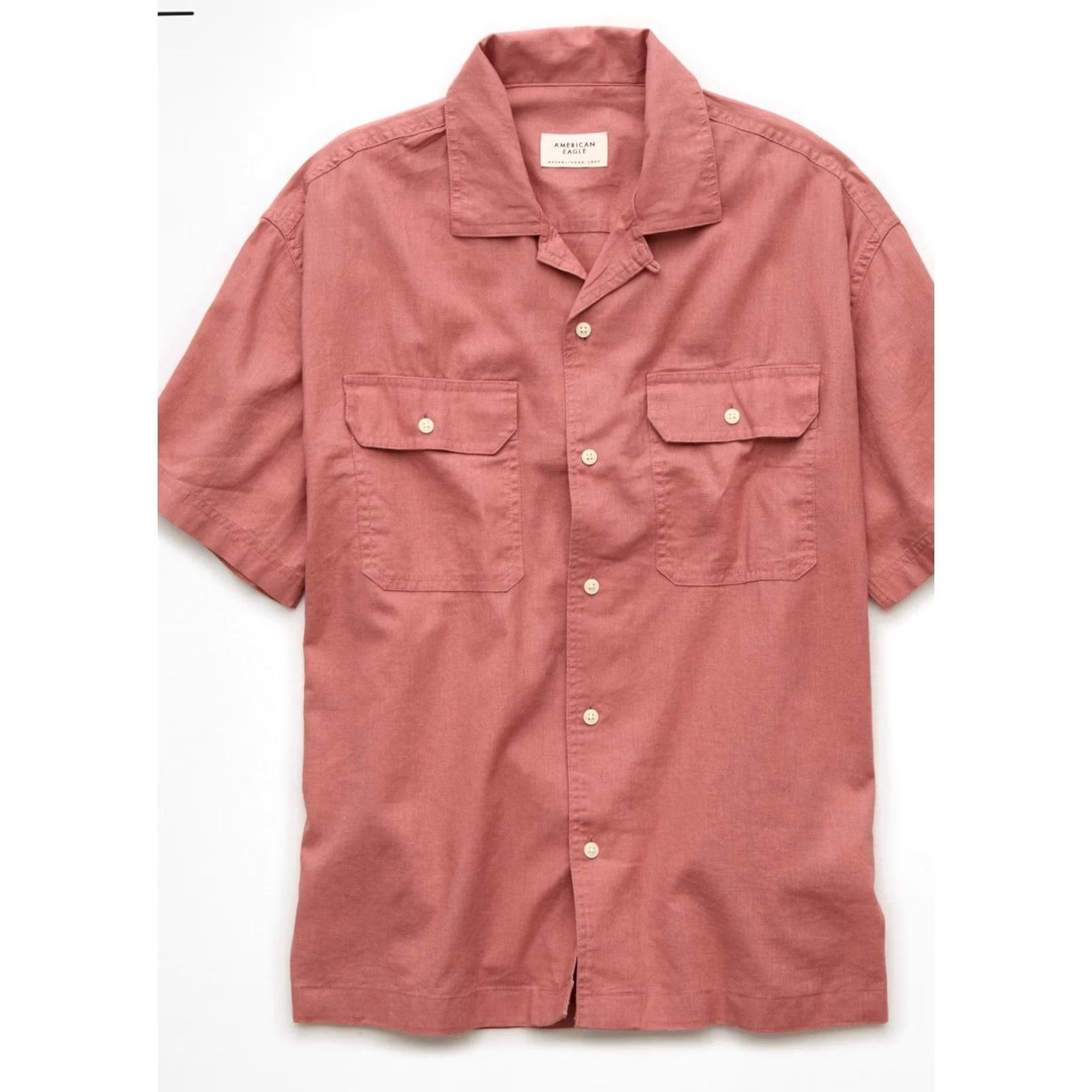 American Eagle Outfitters VINTAGE American Eagle Poolside Men’s Button Up Berry XL Red Cotton Woven Short Sleeve Pocket Beach 90s Mens Size US XL / EU 56 / 4 - 3 Thumbnail