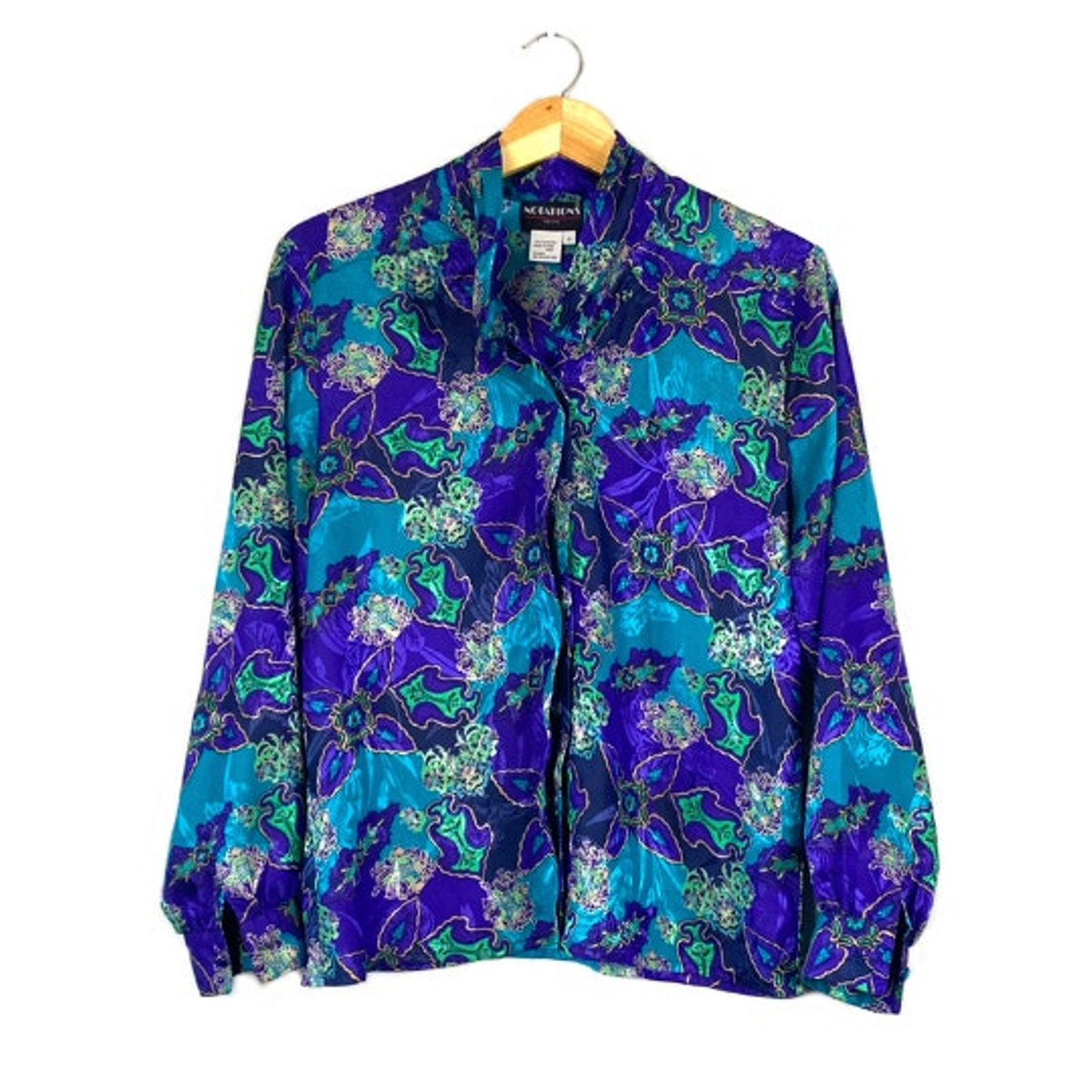 Vintage Women's Blue and Green Notations Blouse 8 Size M / US 6-8 / IT 42-44 - 1 Thumbnail