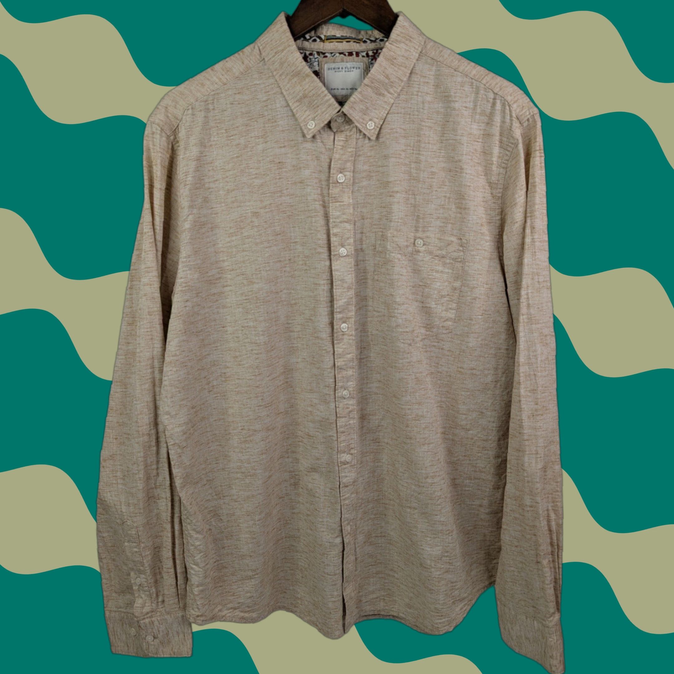Denime Ricky Singh Shirt Mens XL Beige Denim Flower L/S Floral Button Cuff Size US XL / EU 56 / 4 - 1 Thumbnail