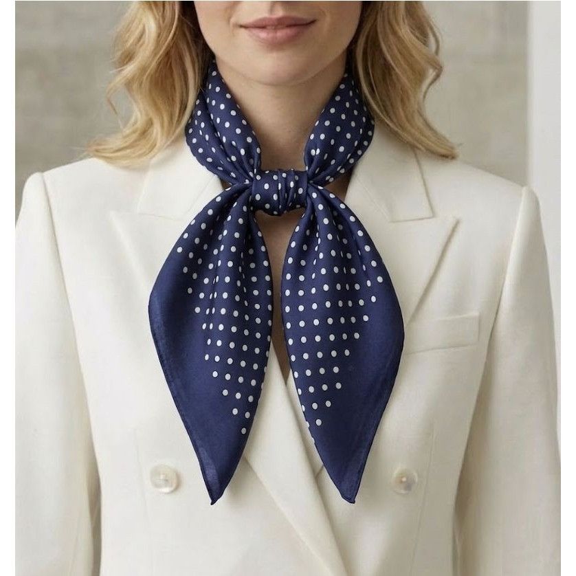 Other ✨Luxury Elegant Silky Scarf Navy Blue Beige Polka Dot Zigzag Size ONE SIZE - 1 Thumbnail